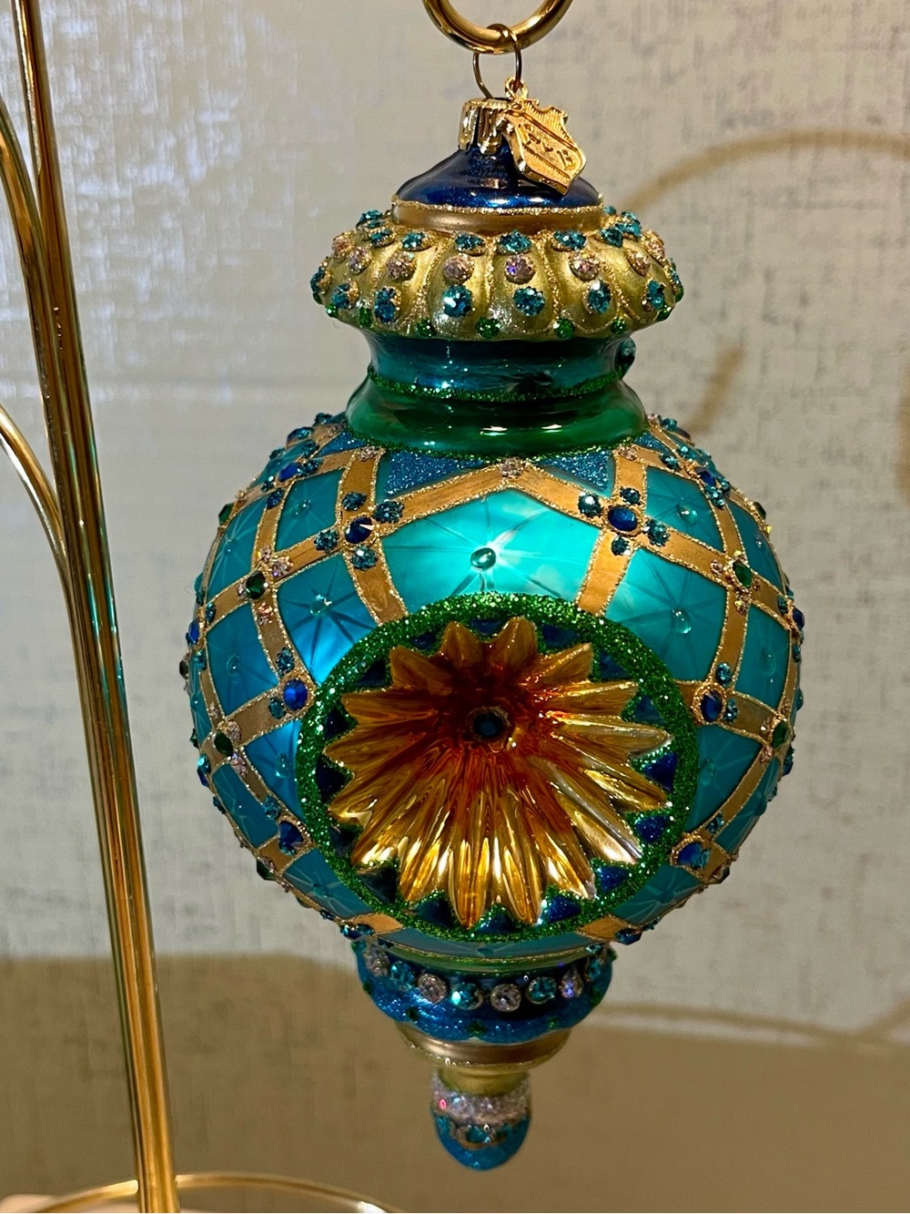 VINTAGE REED & BARTON EUROPEAN HANDCRAFTED Teal & Gold Glass Ornament RARE FIND